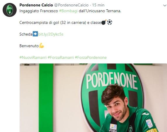 Calciomercato Ternana – Ufficiale l’ingaggio di Bombagi da parte del Pordenone