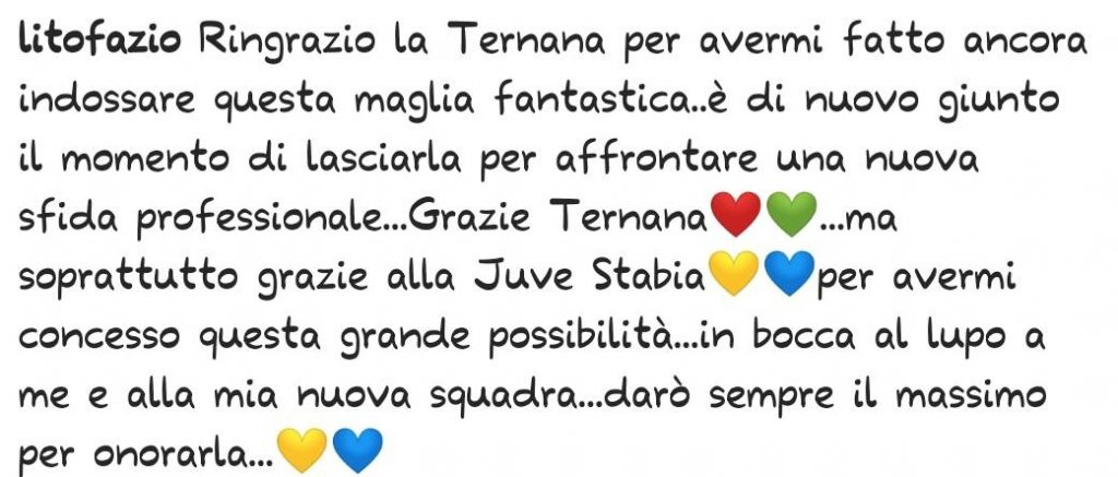 Lito Fazio lascia la Ternana. Il saluto affidato ai social