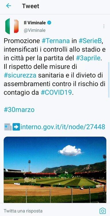 Ternana-Avellino e la possibile festa finisce sull’account de Il Viminale