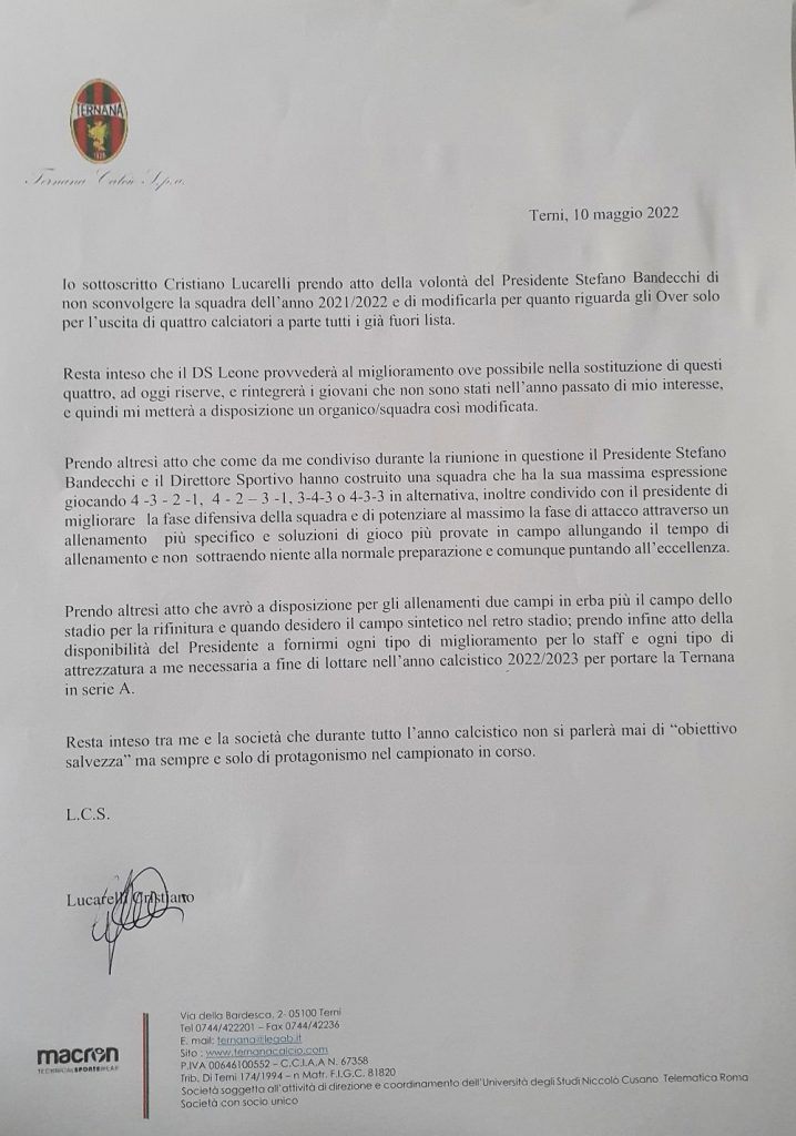 Lucarelli ha sottoscritto la lettera di intenti, LEGGILA QUI