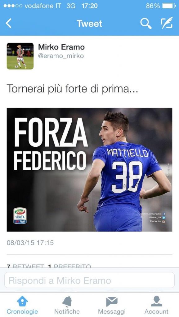 FOTO – Eramo twitta per Mattiello: “Forza Federico!”