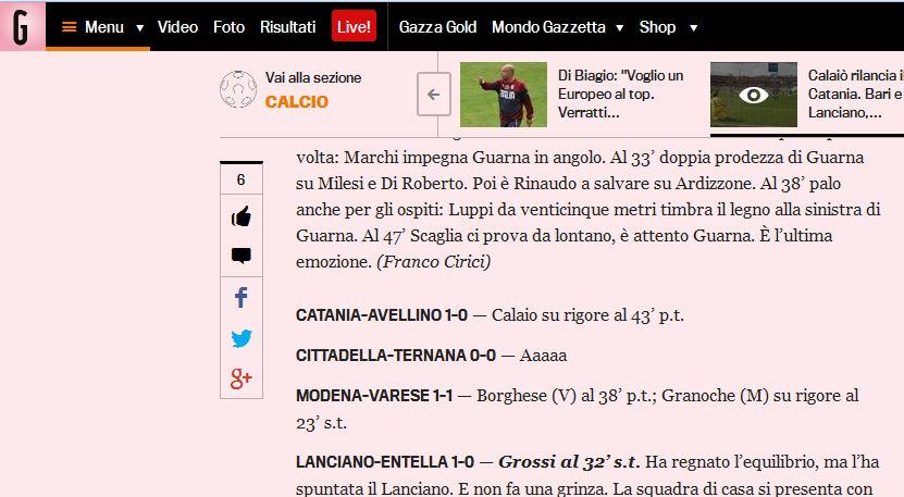 Curiosità: Cittadella-Ternana sulla Gazzetta è… Aaaa!