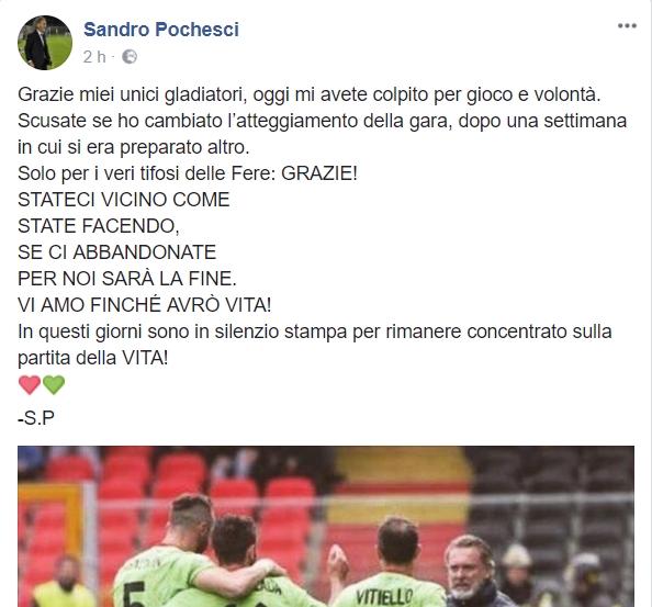 Foggia-Ternana, Pochesci su Facebook elogia i suoi “undici gladiatori”