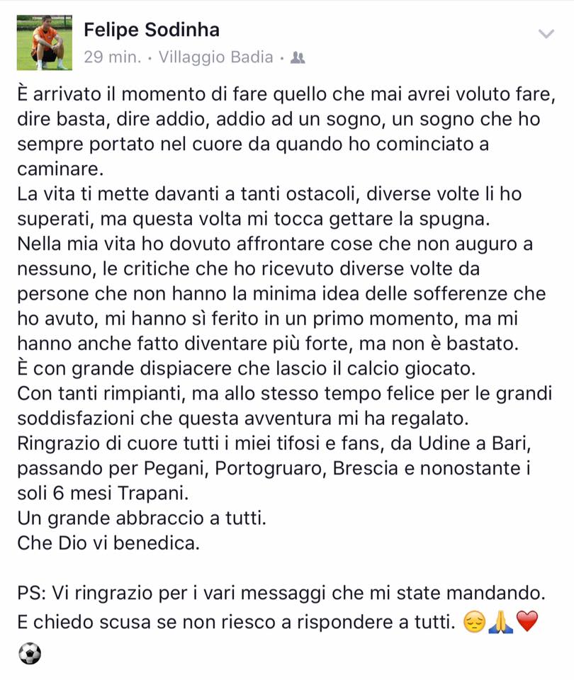 Ora è ufficiale l’addio al calcio di Felipe Sodinha