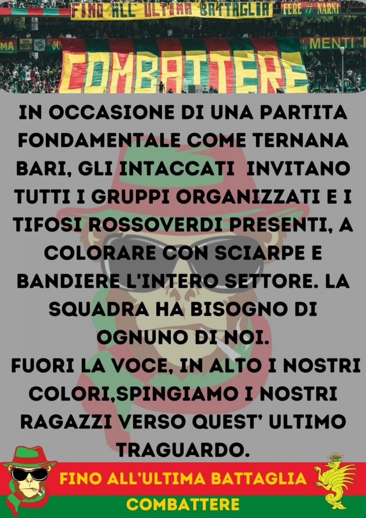 Ternana-Bari, gli Intaccati chiamano a raccolta i tifosi rossoverdi – FOTO