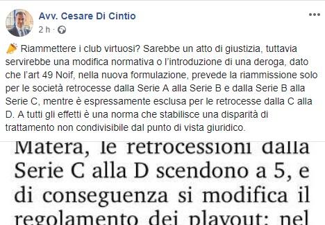 Cesare Di Cintio: “Riammettere i virtuosi in C sarebbe atto di giustizia. Ma non è previsto”