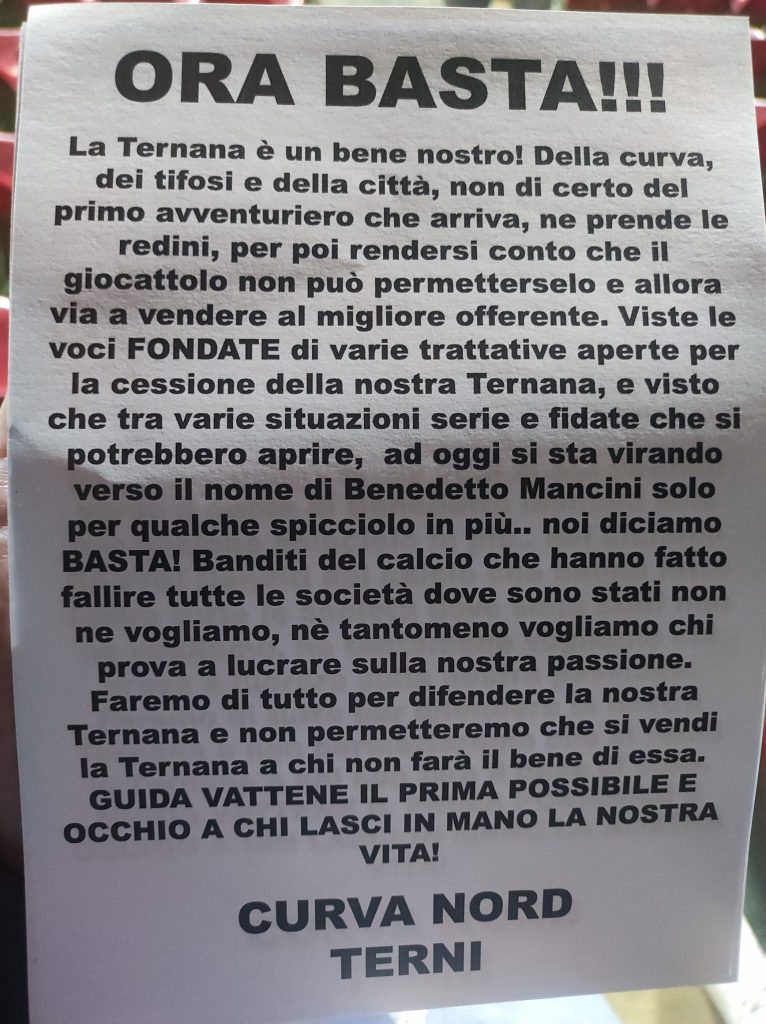 Vendita Ternana, dura presa di posizione della Curva Nord – FOTO