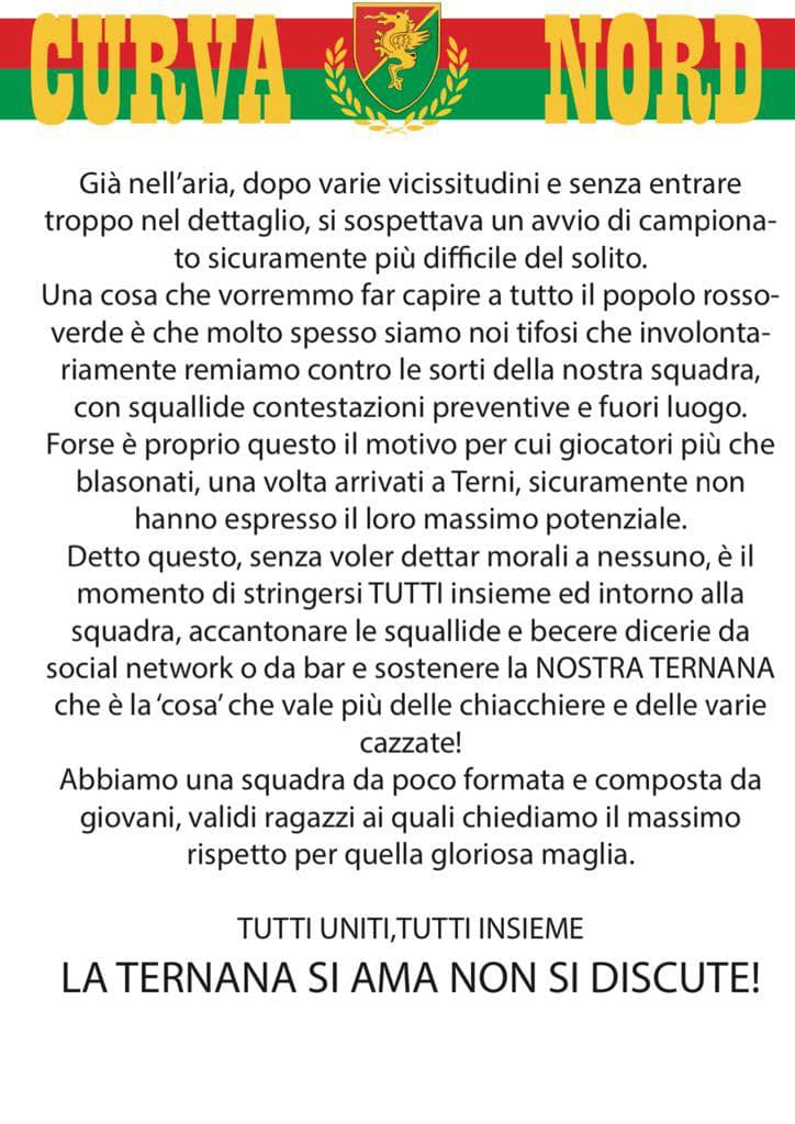 Curva Nord: “La Ternana si ama non si discute” – FOTO