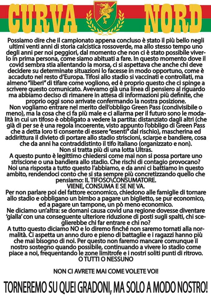 Verso Ternana- Avellino, la Curva Nord ha deciso di non entrare